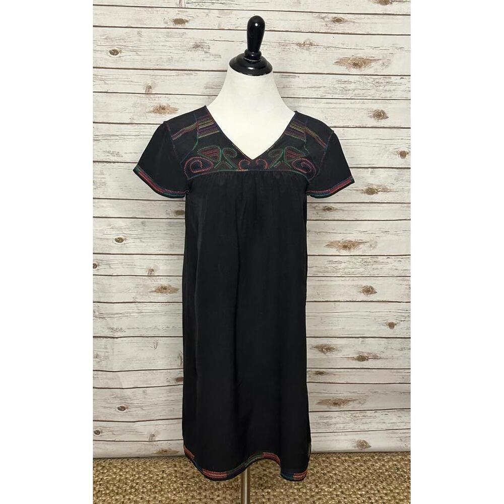 Madewell black/multicolored boho chic embroidered silk sundress Size XS